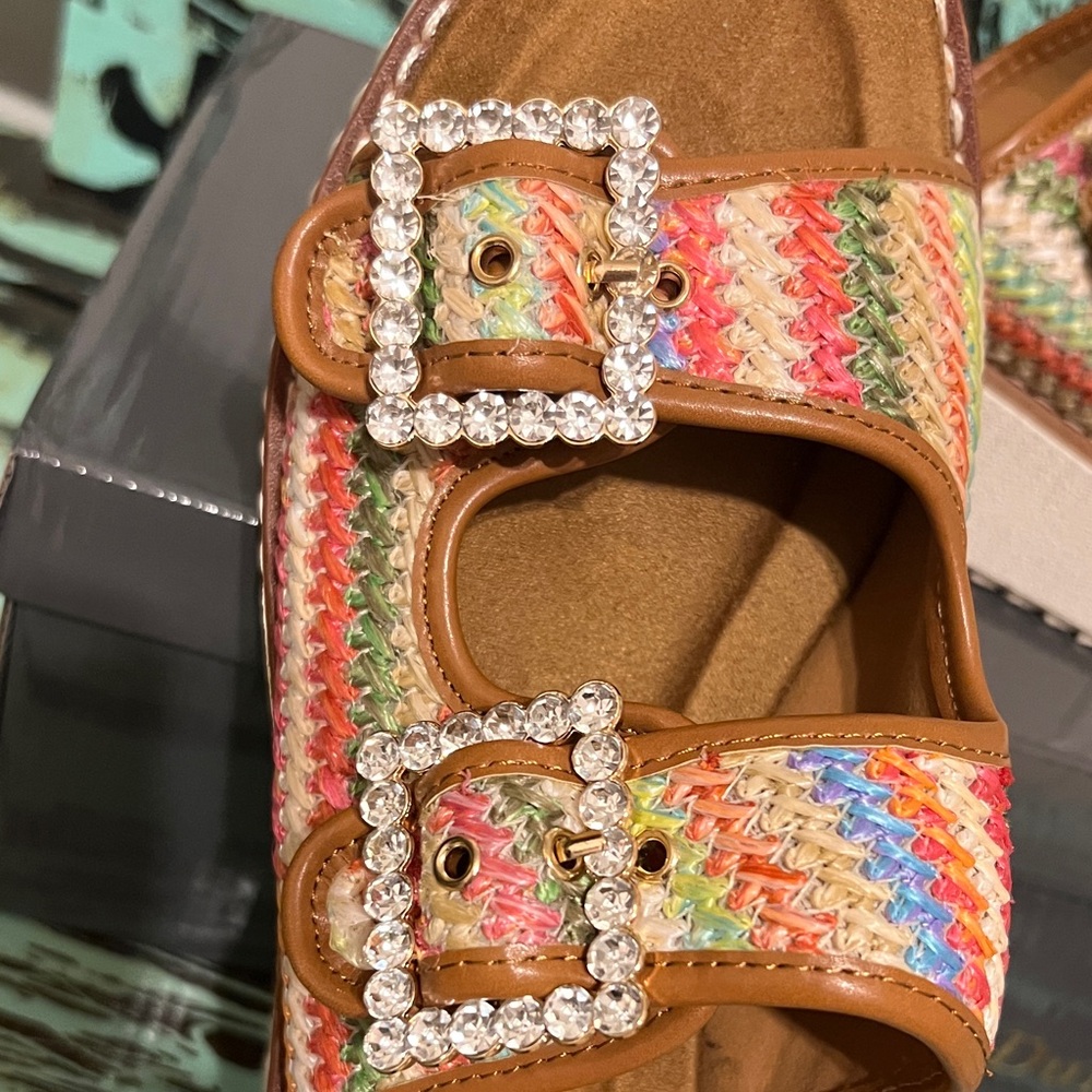 Pierre Dumas Multicolor Woven Slide Sandals with Rhinestone Buckles - Picture 2 of 6
